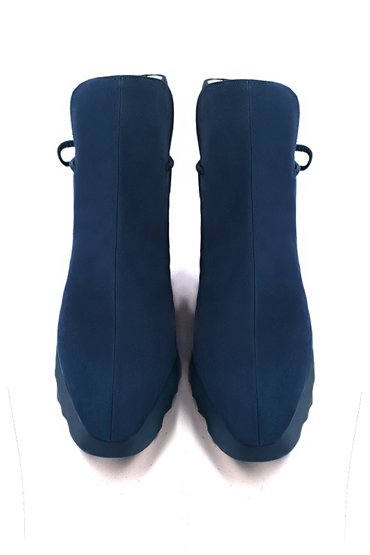 Navy blue women's ankle boots with laces at the back. Square toe. Low rubber soles. Top view - Florence KOOIJMAN